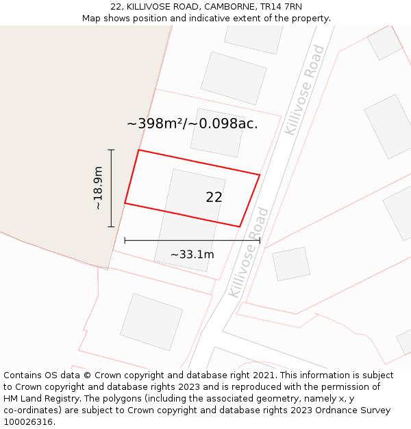 22, KILLIVOSE ROAD, CAMBORNE, TR14 7RN: Plot and title map