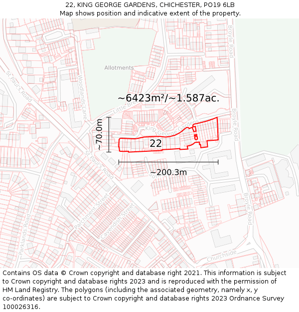 22, KING GEORGE GARDENS, CHICHESTER, PO19 6LB: Plot and title map