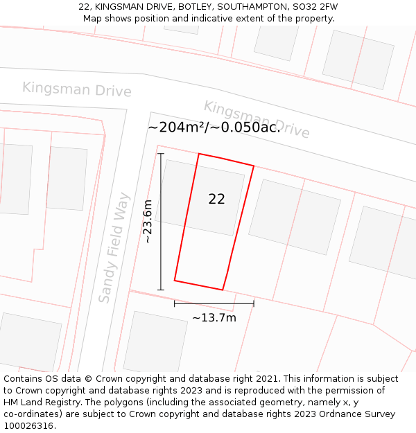 22, KINGSMAN DRIVE, BOTLEY, SOUTHAMPTON, SO32 2FW: Plot and title map