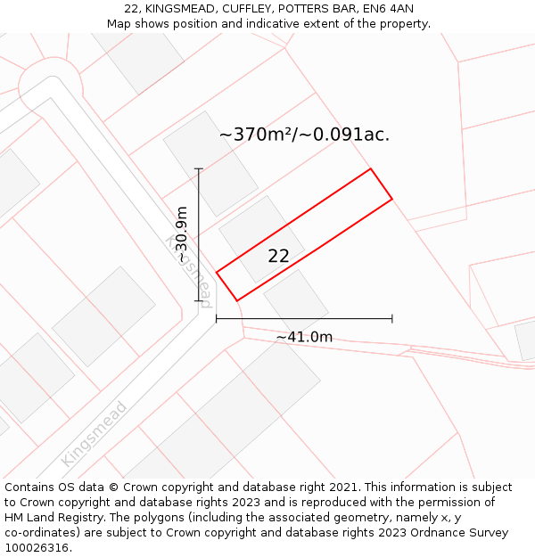 22, KINGSMEAD, CUFFLEY, POTTERS BAR, EN6 4AN: Plot and title map