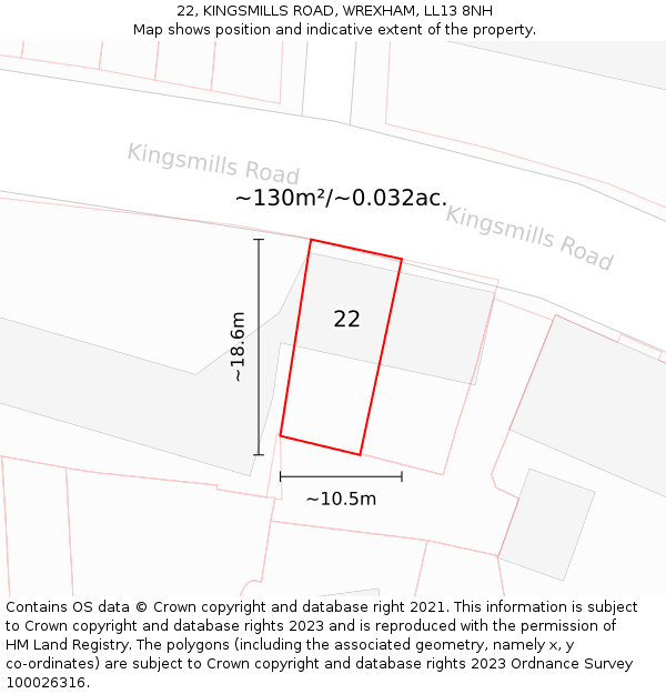 22, KINGSMILLS ROAD, WREXHAM, LL13 8NH: Plot and title map