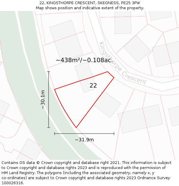 22, KINGSTHORPE CRESCENT, SKEGNESS, PE25 3PW: Plot and title map