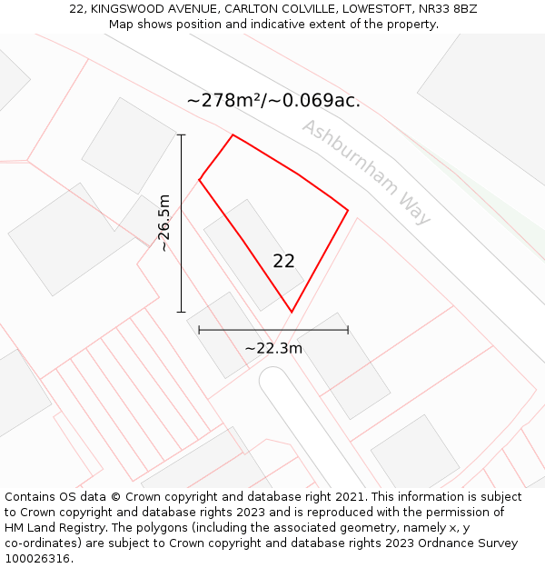 22, KINGSWOOD AVENUE, CARLTON COLVILLE, LOWESTOFT, NR33 8BZ: Plot and title map