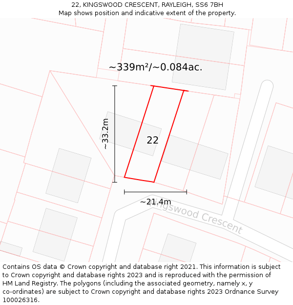 22, KINGSWOOD CRESCENT, RAYLEIGH, SS6 7BH: Plot and title map
