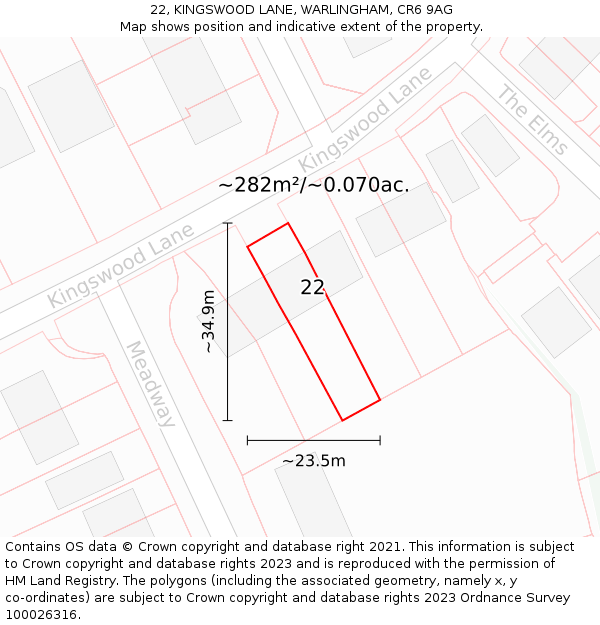 22, KINGSWOOD LANE, WARLINGHAM, CR6 9AG: Plot and title map