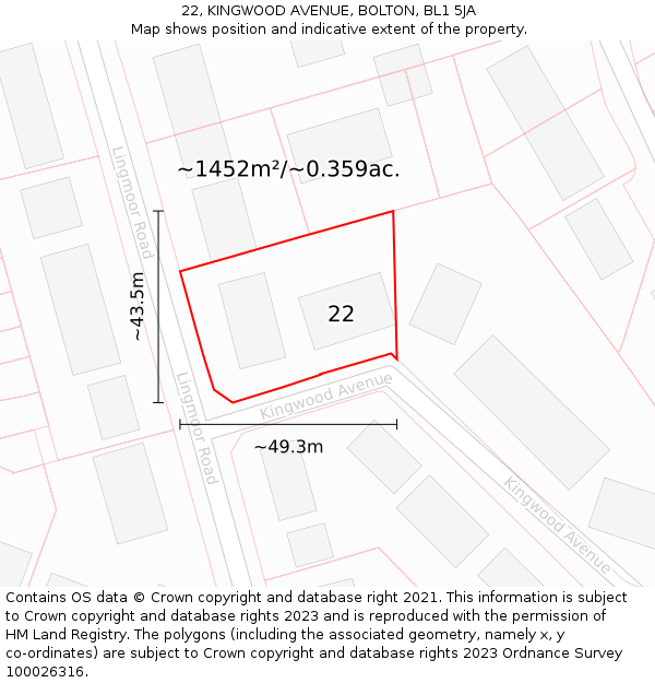 22, KINGWOOD AVENUE, BOLTON, BL1 5JA: Plot and title map