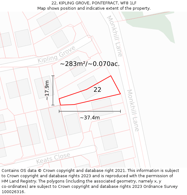 22, KIPLING GROVE, PONTEFRACT, WF8 1LF: Plot and title map