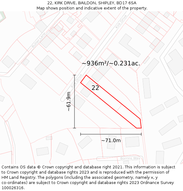 22, KIRK DRIVE, BAILDON, SHIPLEY, BD17 6SA: Plot and title map
