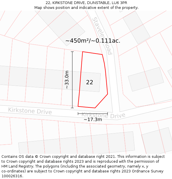 22, KIRKSTONE DRIVE, DUNSTABLE, LU6 3PR: Plot and title map