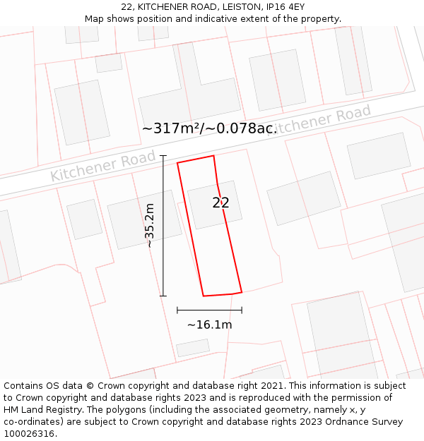 22, KITCHENER ROAD, LEISTON, IP16 4EY: Plot and title map