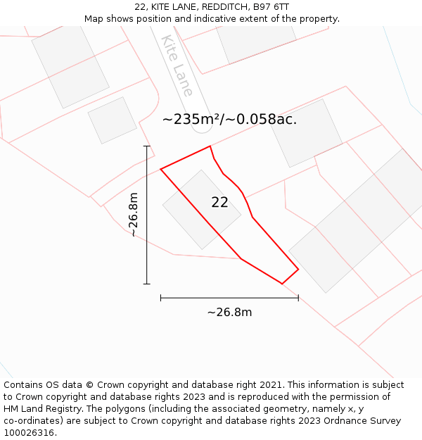 22, KITE LANE, REDDITCH, B97 6TT: Plot and title map