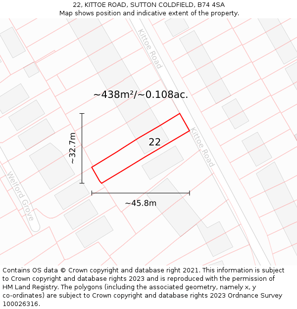 22, KITTOE ROAD, SUTTON COLDFIELD, B74 4SA: Plot and title map