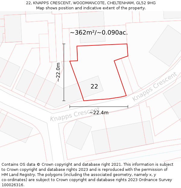 22, KNAPPS CRESCENT, WOODMANCOTE, CHELTENHAM, GL52 9HG: Plot and title map