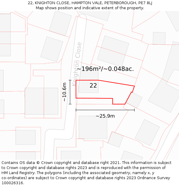 22, KNIGHTON CLOSE, HAMPTON VALE, PETERBOROUGH, PE7 8LJ: Plot and title map