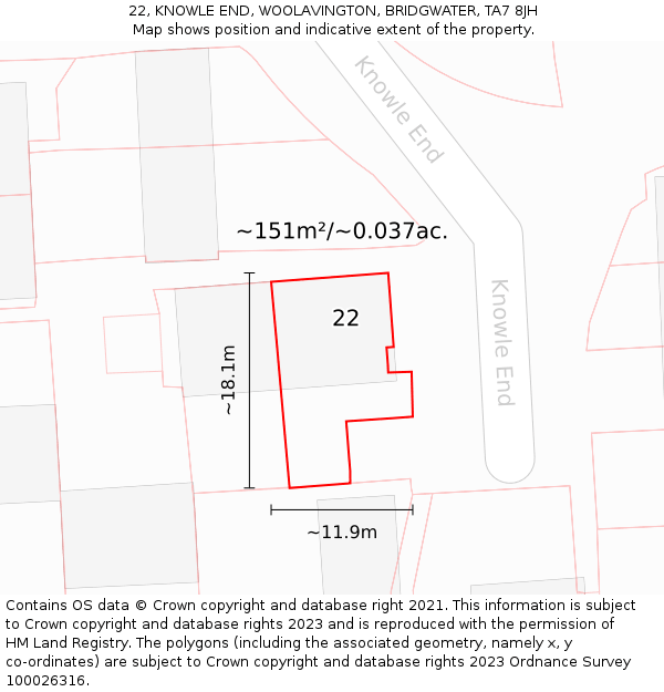22, KNOWLE END, WOOLAVINGTON, BRIDGWATER, TA7 8JH: Plot and title map