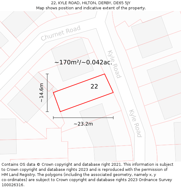 22, KYLE ROAD, HILTON, DERBY, DE65 5JY: Plot and title map