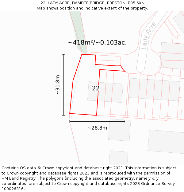 22, LADY ACRE, BAMBER BRIDGE, PRESTON, PR5 6XN: Plot and title map