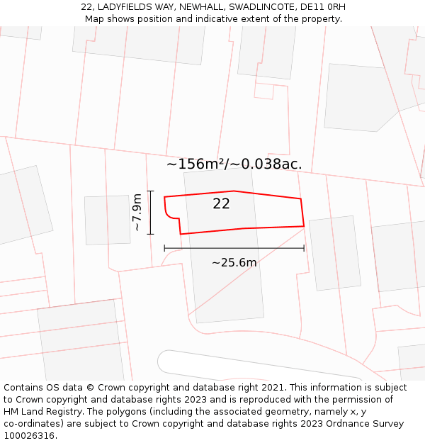 22, LADYFIELDS WAY, NEWHALL, SWADLINCOTE, DE11 0RH: Plot and title map
