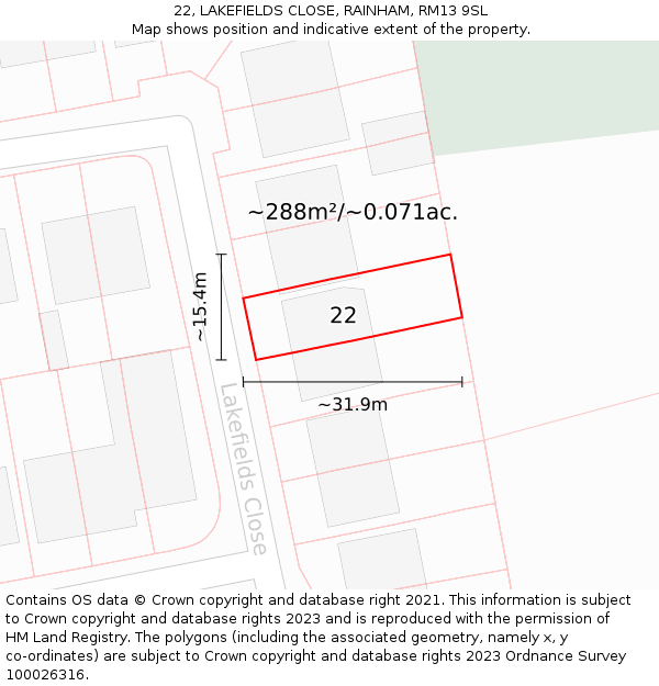 22, LAKEFIELDS CLOSE, RAINHAM, RM13 9SL: Plot and title map