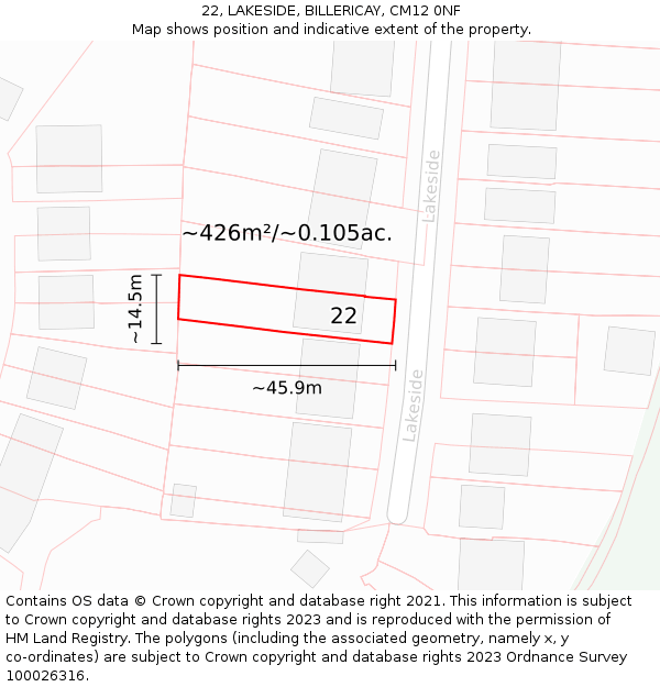 22, LAKESIDE, BILLERICAY, CM12 0NF: Plot and title map
