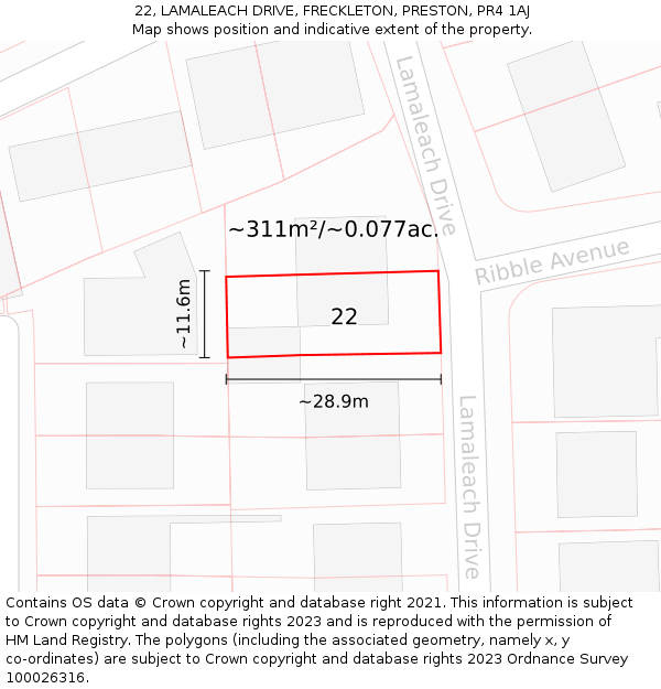 22, LAMALEACH DRIVE, FRECKLETON, PRESTON, PR4 1AJ: Plot and title map