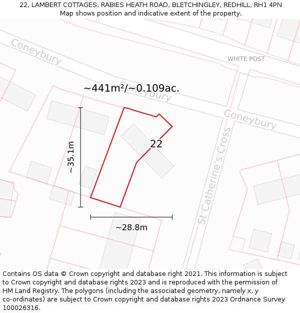 22, LAMBERT COTTAGES, RABIES HEATH ROAD, BLETCHINGLEY, REDHILL, RH1 4PN: Plot and title map
