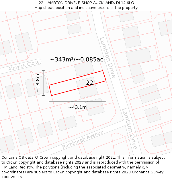 22, LAMBTON DRIVE, BISHOP AUCKLAND, DL14 6LG: Plot and title map