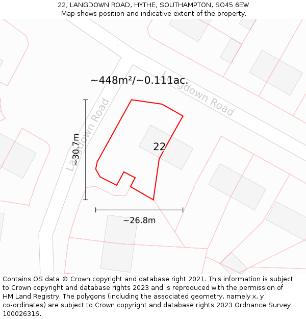 22, LANGDOWN ROAD, HYTHE, SOUTHAMPTON, SO45 6EW: Plot and title map