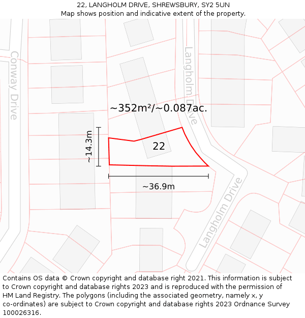 22, LANGHOLM DRIVE, SHREWSBURY, SY2 5UN: Plot and title map