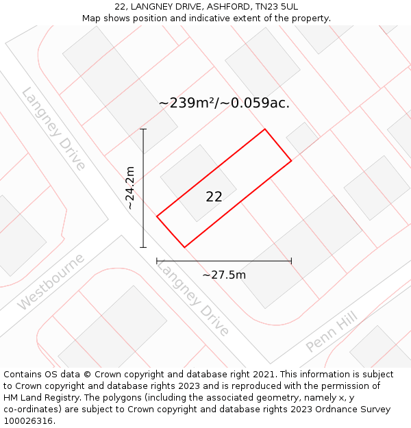 22, LANGNEY DRIVE, ASHFORD, TN23 5UL: Plot and title map
