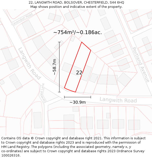 22, LANGWITH ROAD, BOLSOVER, CHESTERFIELD, S44 6HQ: Plot and title map