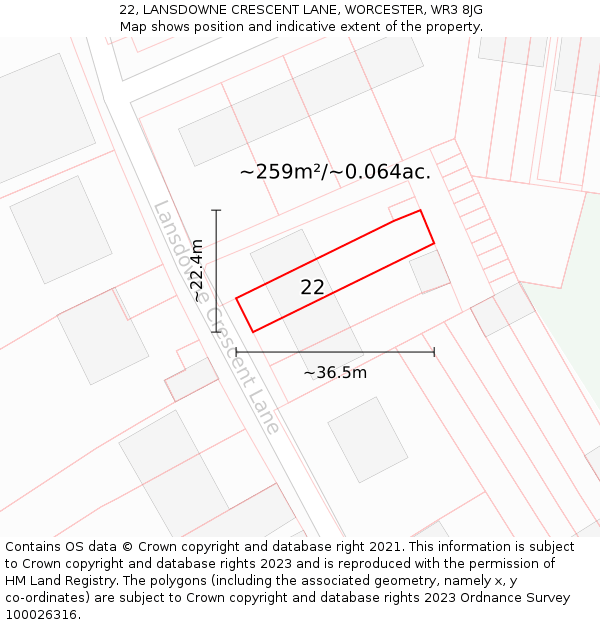 22, LANSDOWNE CRESCENT LANE, WORCESTER, WR3 8JG: Plot and title map