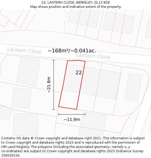 22, LANTERN CLOSE, BERKELEY, GL13 9DE: Plot and title map