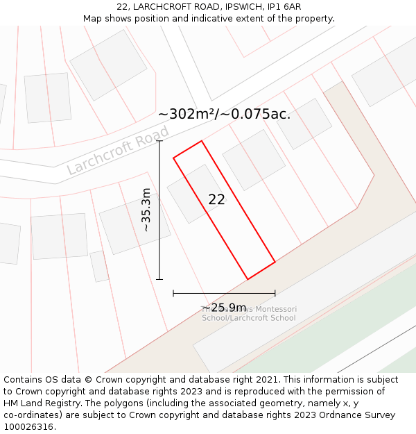 22, LARCHCROFT ROAD, IPSWICH, IP1 6AR: Plot and title map