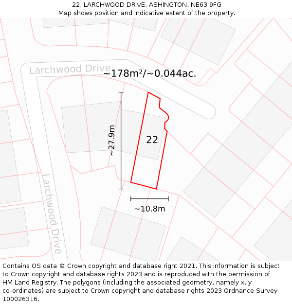 22, LARCHWOOD DRIVE, ASHINGTON, NE63 9FG: Plot and title map