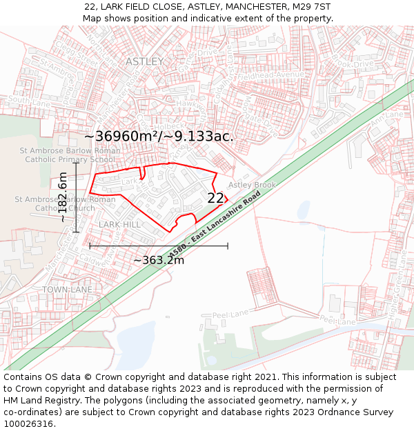22, LARK FIELD CLOSE, ASTLEY, MANCHESTER, M29 7ST: Plot and title map