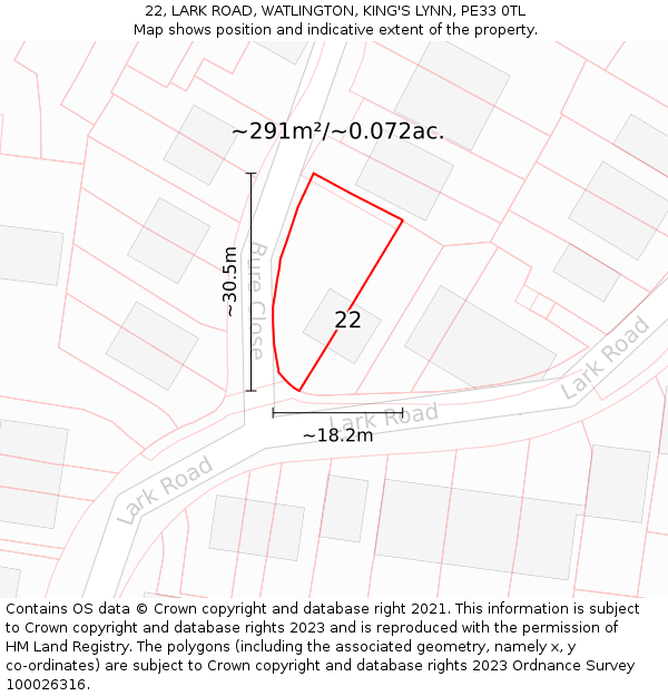 22, LARK ROAD, WATLINGTON, KING'S LYNN, PE33 0TL: Plot and title map