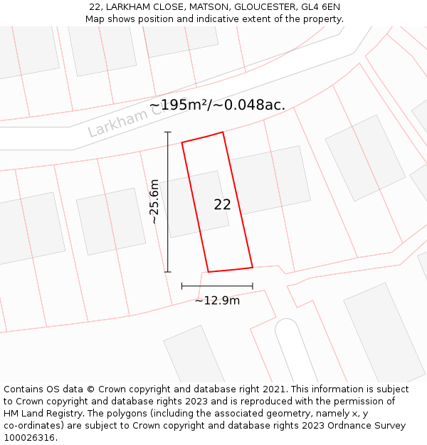 22, LARKHAM CLOSE, MATSON, GLOUCESTER, GL4 6EN: Plot and title map