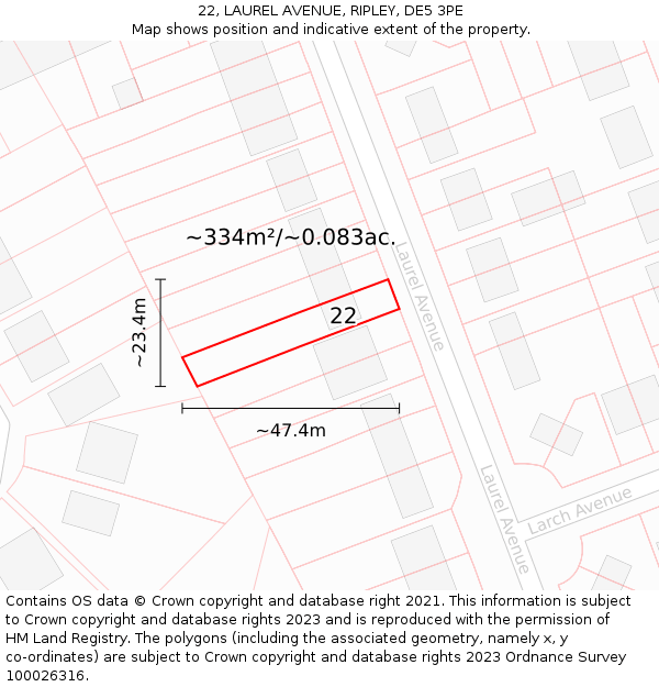 22, LAUREL AVENUE, RIPLEY, DE5 3PE: Plot and title map