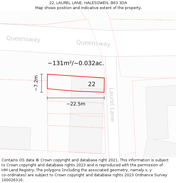 22, LAUREL LANE, HALESOWEN, B63 3DA: Plot and title map