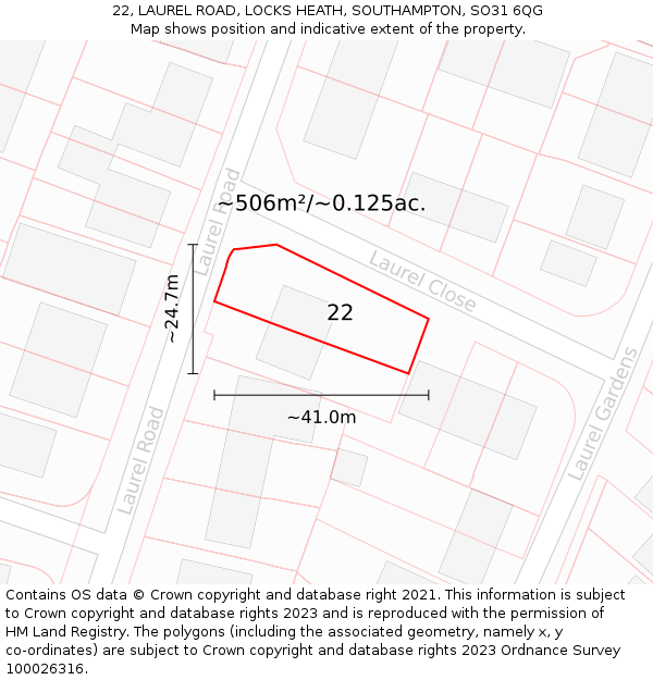 22, LAUREL ROAD, LOCKS HEATH, SOUTHAMPTON, SO31 6QG: Plot and title map