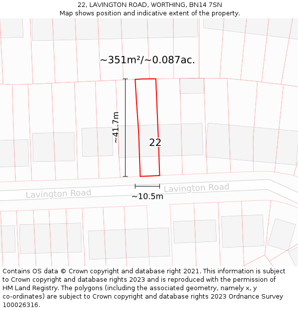 22, LAVINGTON ROAD, WORTHING, BN14 7SN: Plot and title map