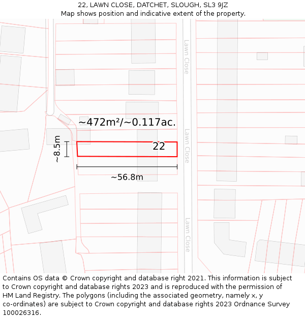 22, LAWN CLOSE, DATCHET, SLOUGH, SL3 9JZ: Plot and title map