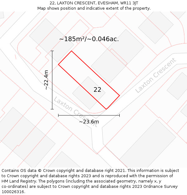 22, LAXTON CRESCENT, EVESHAM, WR11 3JT: Plot and title map