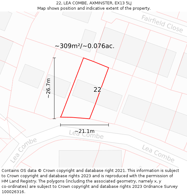 22, LEA COMBE, AXMINSTER, EX13 5LJ: Plot and title map
