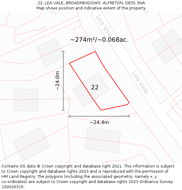 22, LEA VALE, BROADMEADOWS, ALFRETON, DE55 3NA: Plot and title map