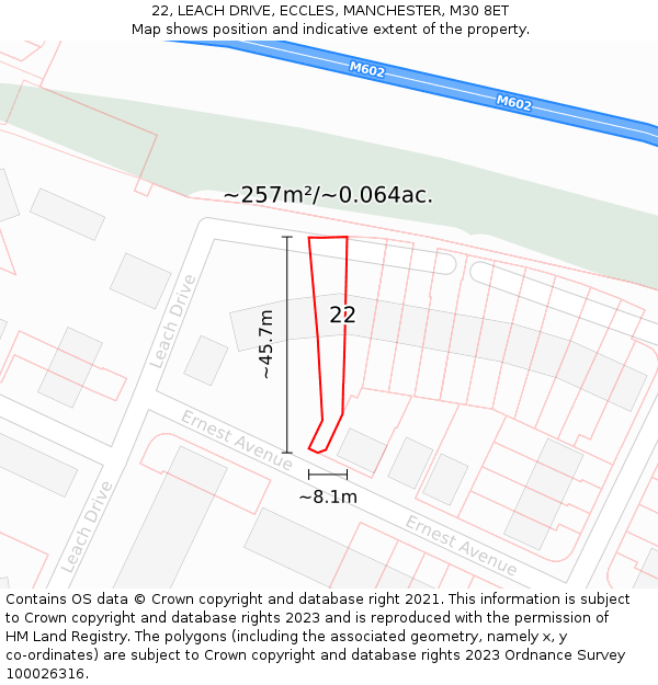 22, LEACH DRIVE, ECCLES, MANCHESTER, M30 8ET: Plot and title map