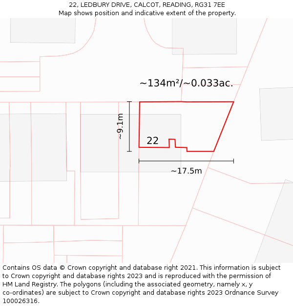 22, LEDBURY DRIVE, CALCOT, READING, RG31 7EE: Plot and title map