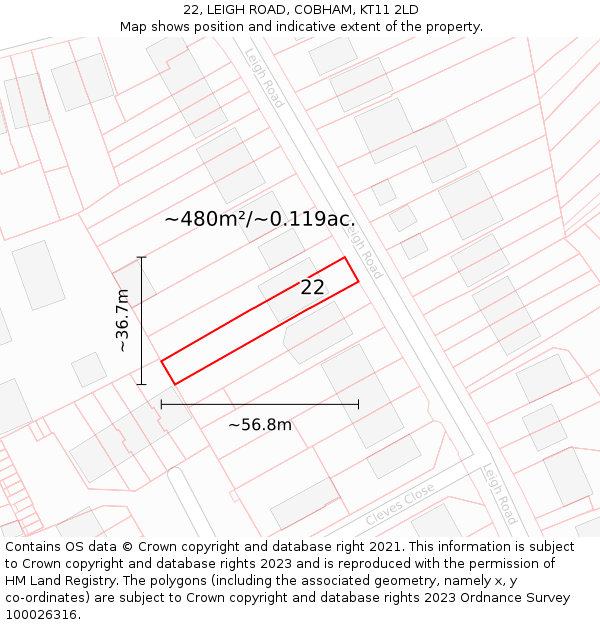 22, LEIGH ROAD, COBHAM, KT11 2LD: Plot and title map