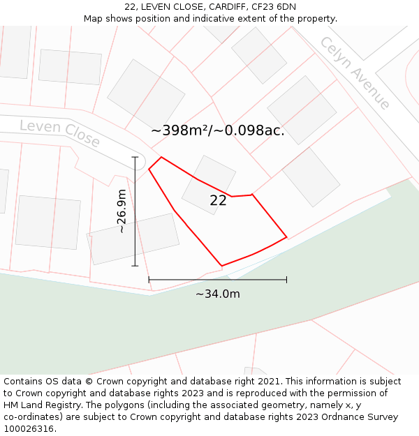 22, LEVEN CLOSE, CARDIFF, CF23 6DN: Plot and title map